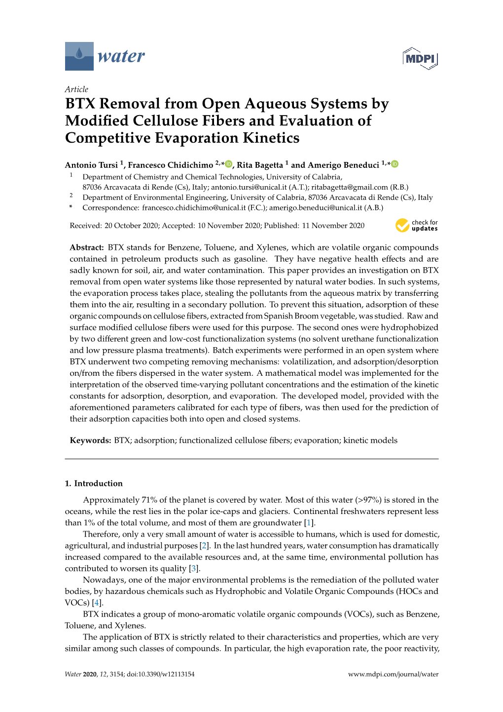 BTX Removal from Open Aqueous Systems by Modified Cellulose