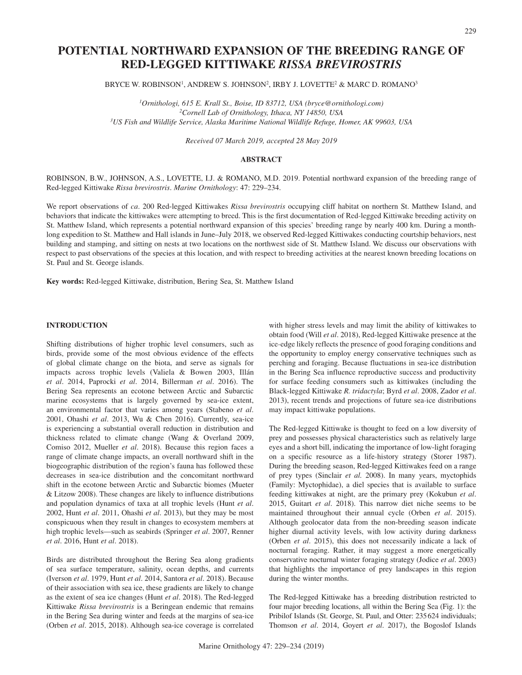 Potential Northward Expansion of the Breeding Range of Red-Legged Kittiwake Rissa Brevirostris