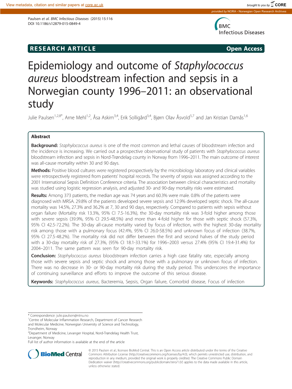 Epidemiology and Outcome of Staphylococcus Aureus