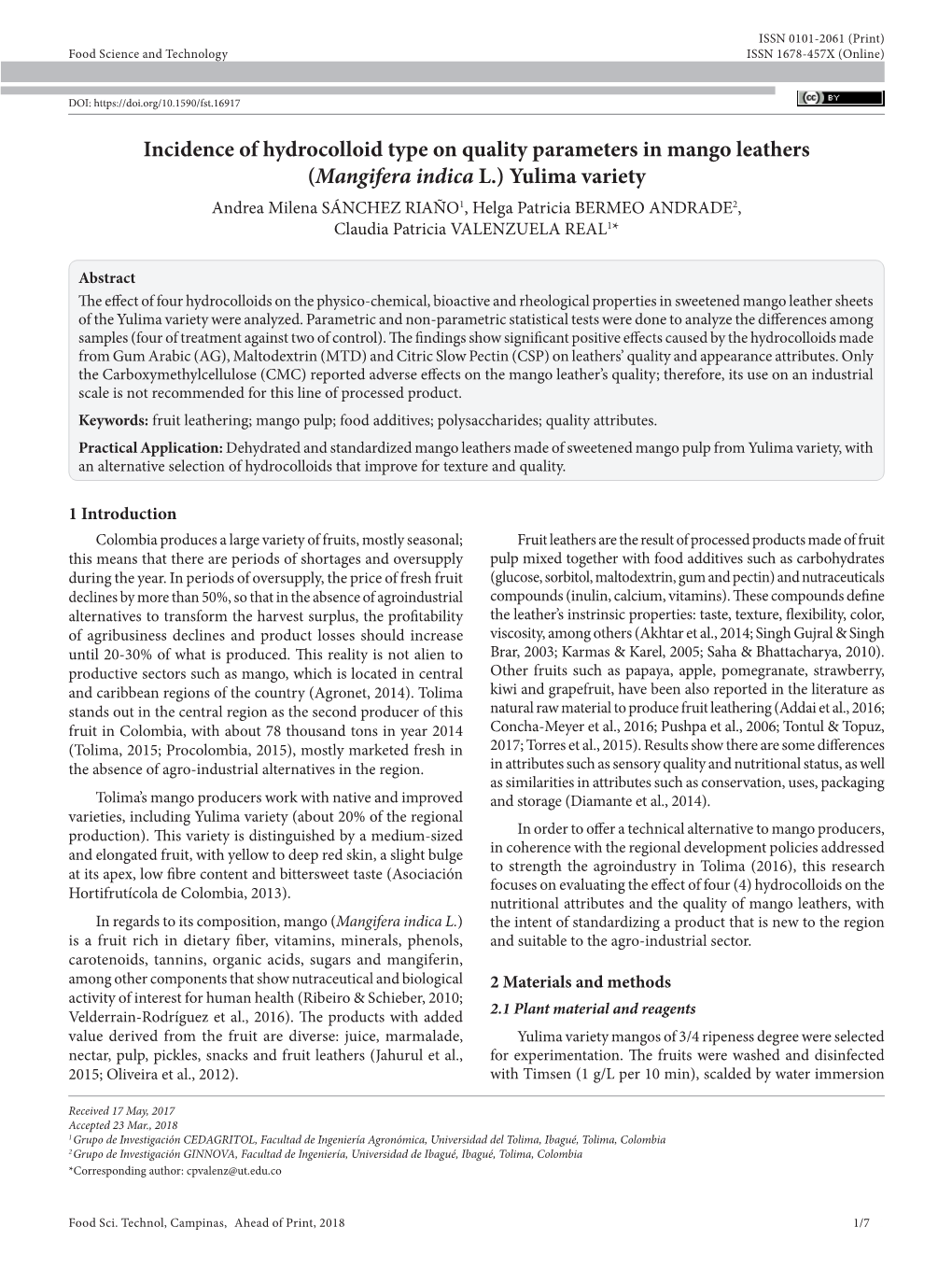 Incidence of Hydrocolloid Type on Quality Parameters in Mango Leathers