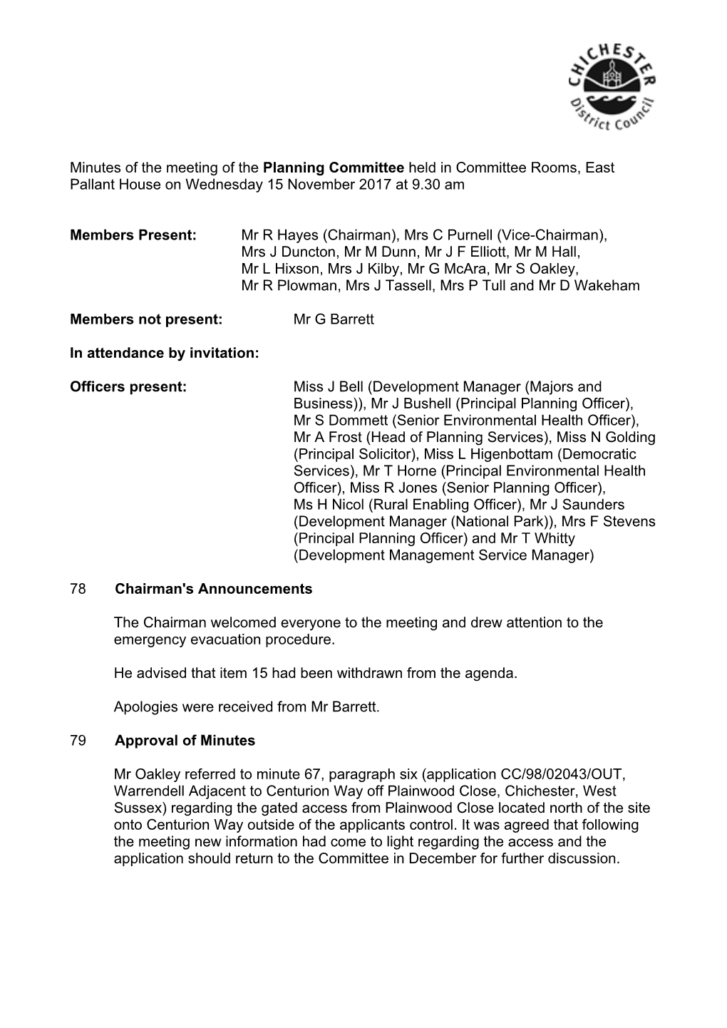 Minutes of the Meeting of the Planning Committee Held in Committee Rooms, East Pallant House on Wednesday 15 November 2017 at 9.30 Am