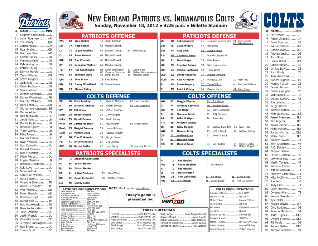 New England Patriots Vs. Indianapolis Colts Sunday, November 18, 2012 • 4:25 P.M