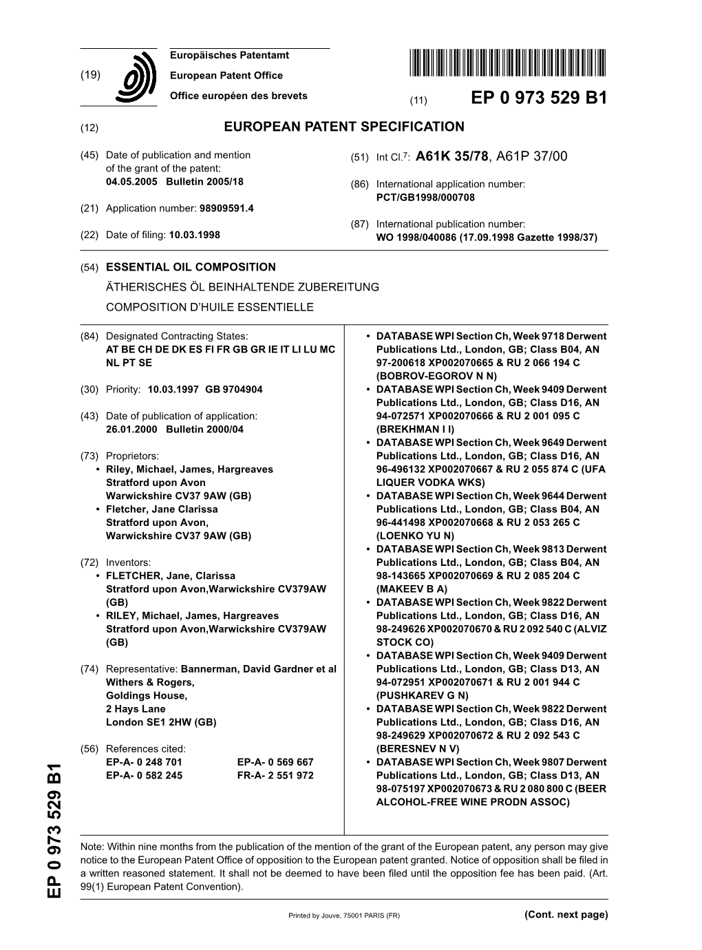 Essential Oil Composition Ätherisches Öl Beinhaltende Zubereitung Composition D’Huile Essentielle