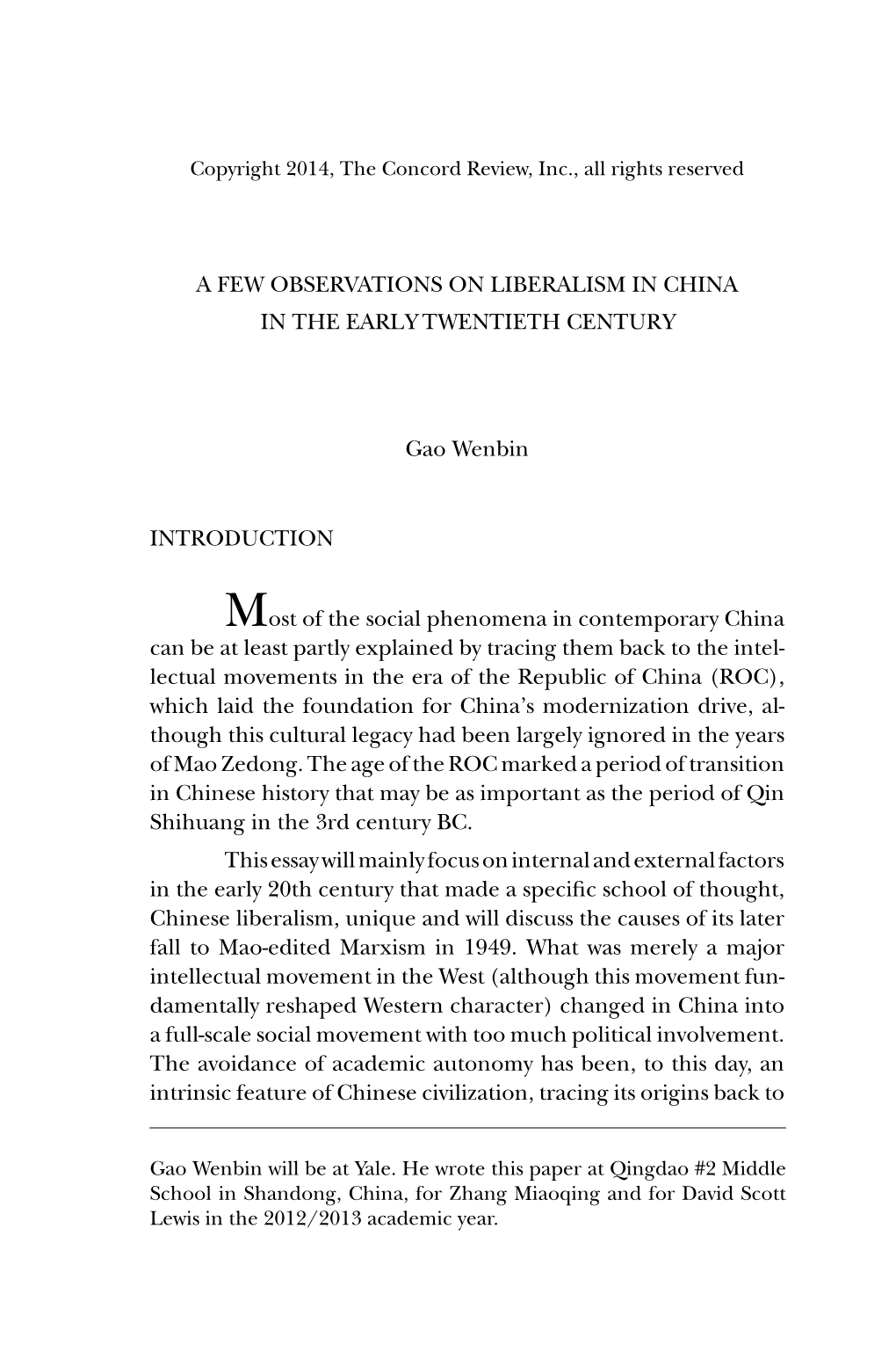 A Few Observations on Liberalism in China in the Early Twentieth Century