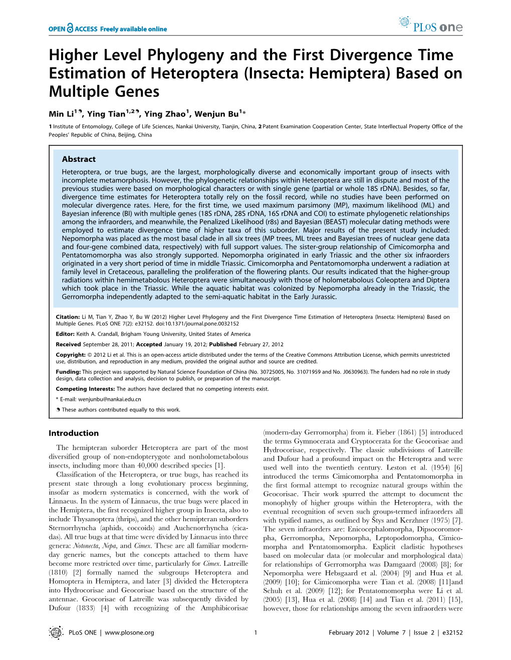 Higher Level Phylogeny and the First Divergence Time Estimation of Heteroptera (Insecta: Hemiptera) Based on Multiple Genes