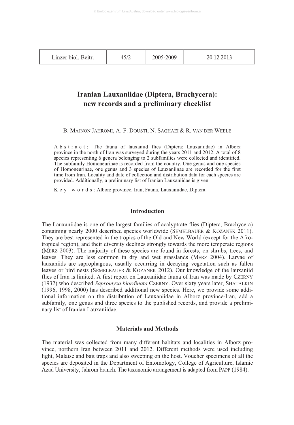 Iranian Lauxaniidae (Diptera, Brachycera): New Records and a Preliminary Checklist