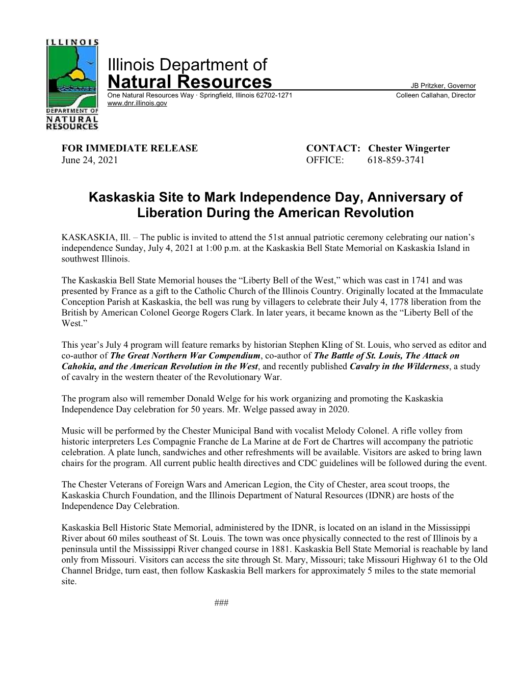 Kaskaskia Site to Mark Independence Day, Anniversary of Liberation During the American Revolution