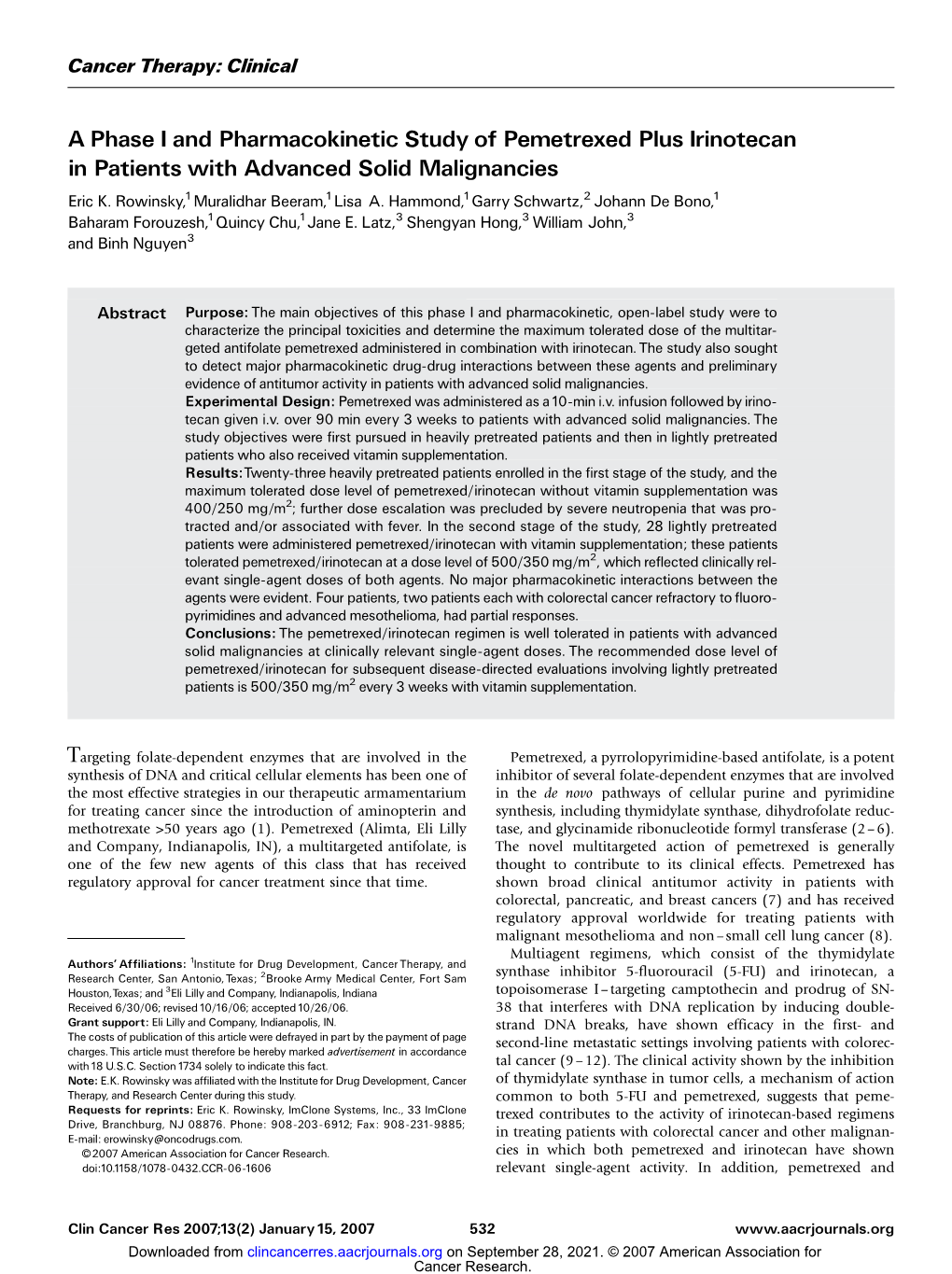 A Phase I and Pharmacokinetic Study of Pemetrexed Plus Irinotecan in Patients with Advanced Solid Malignancies Eric K