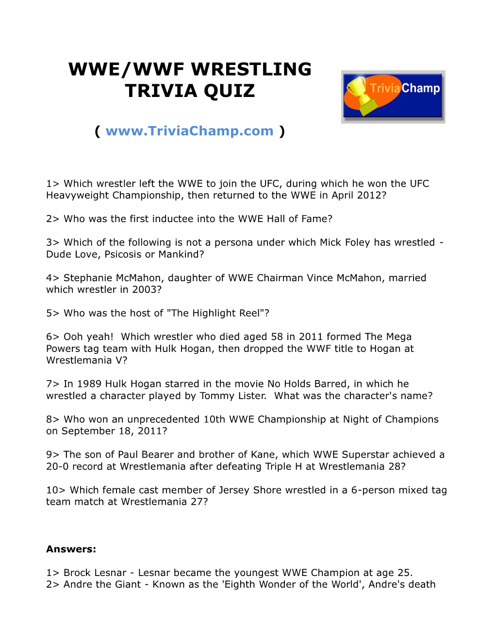 Wwe/Wwf Wrestling Trivia Quiz