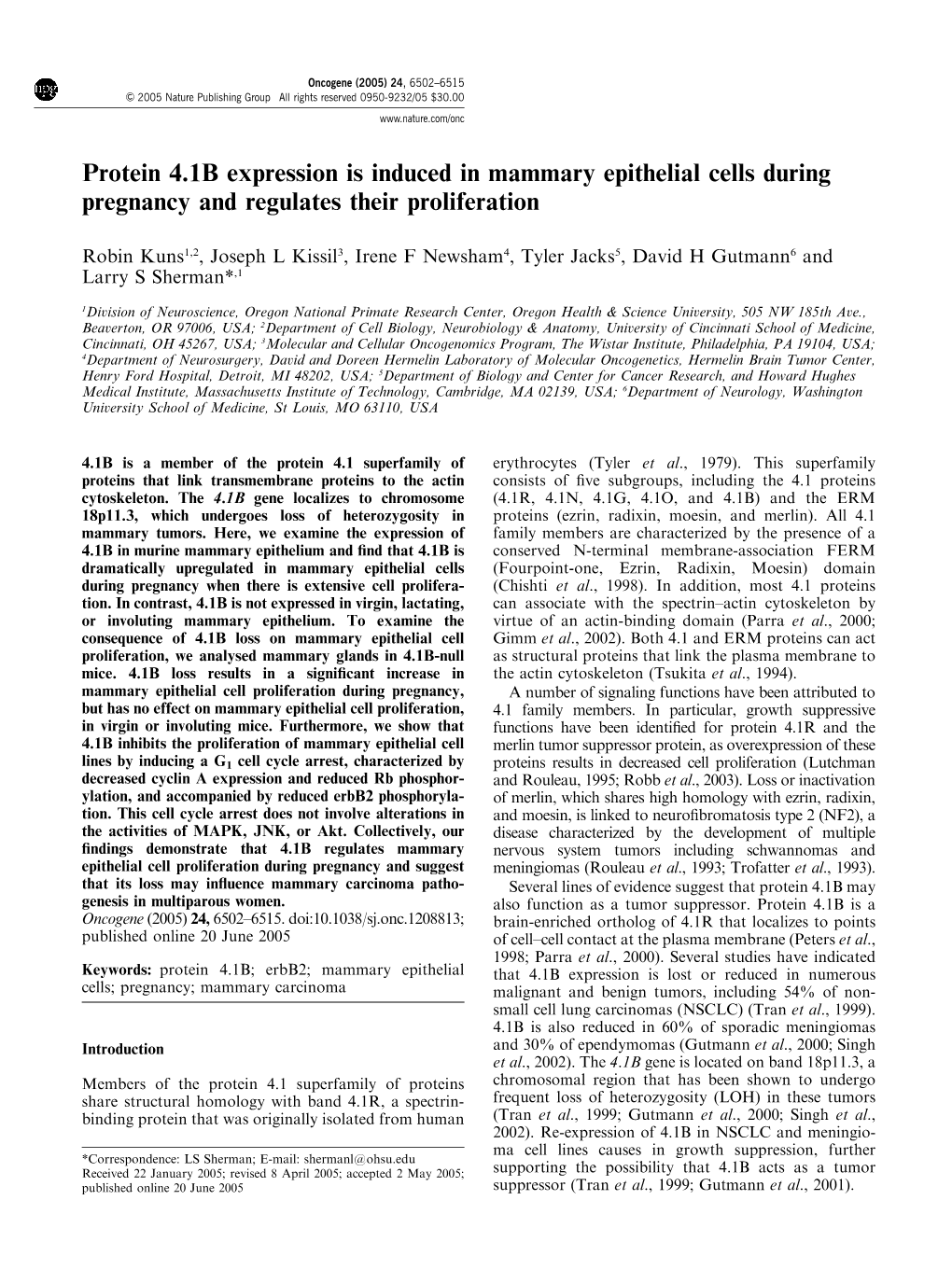 Protein 4.1B Expression Is Induced in Mammary Epithelial Cells During Pregnancy and Regulates Their Proliferation