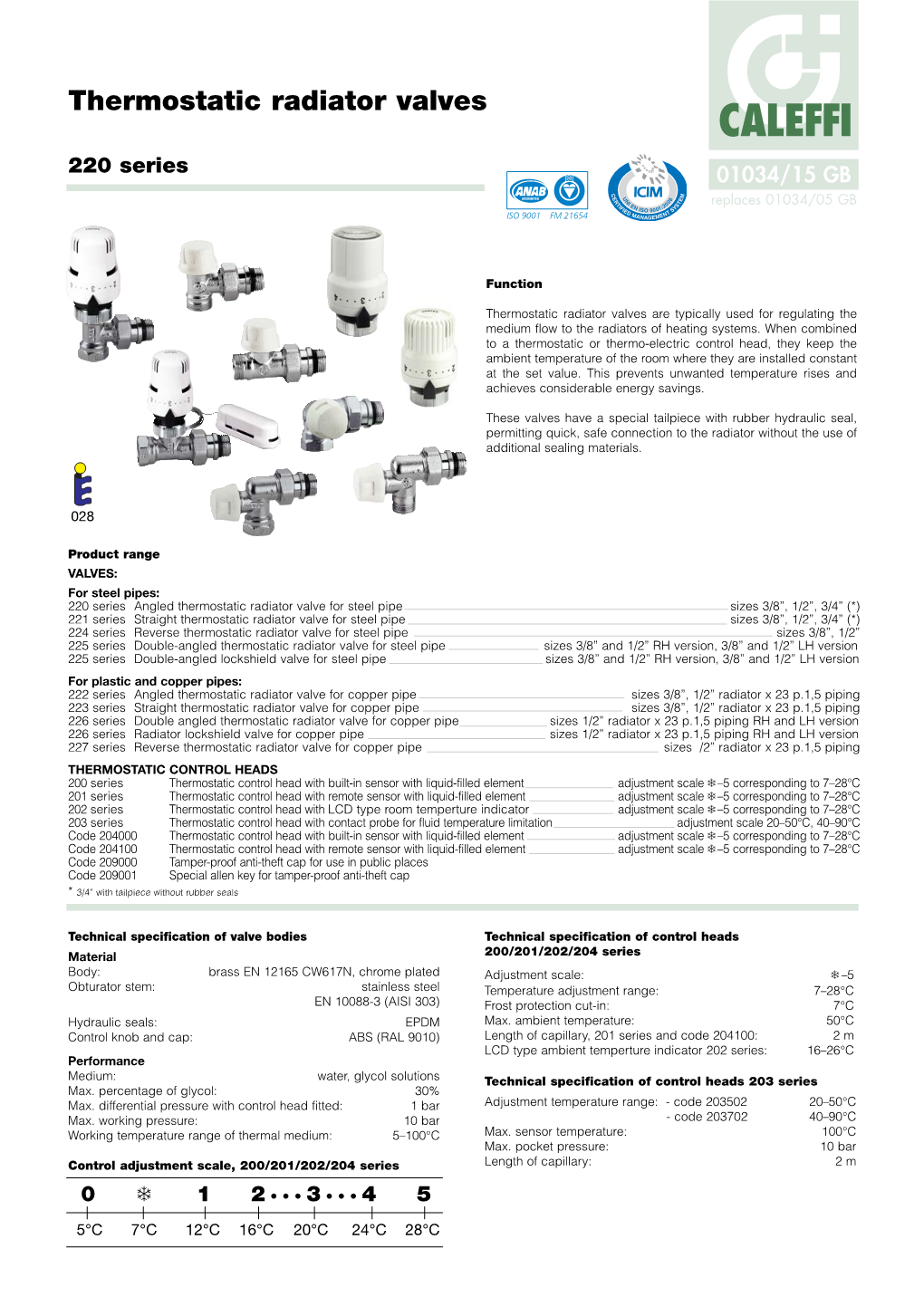 Thermostatic Radiator Valves CALEFFI 220 Series 01034/15 GB ACCREDITED Replaces 01034/05 GB ISO 9001 FM 21654