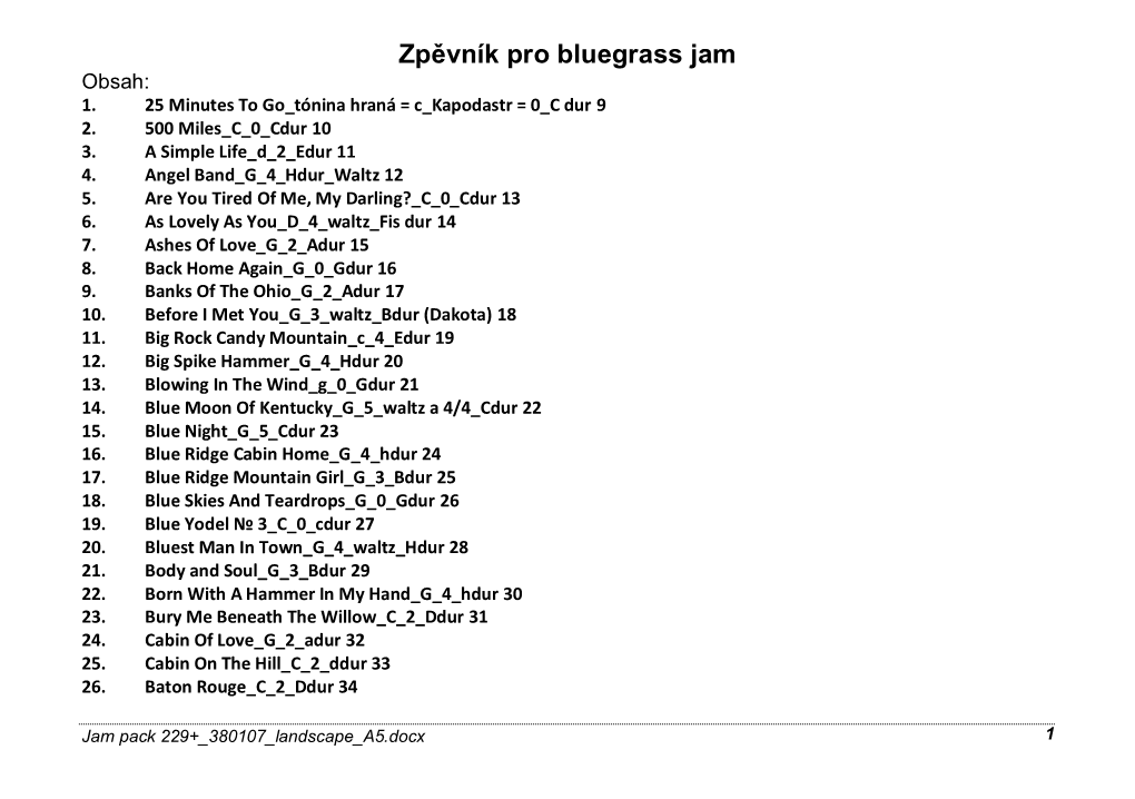 Zpěvník Pro Bluegrass Jam Obsah: 1