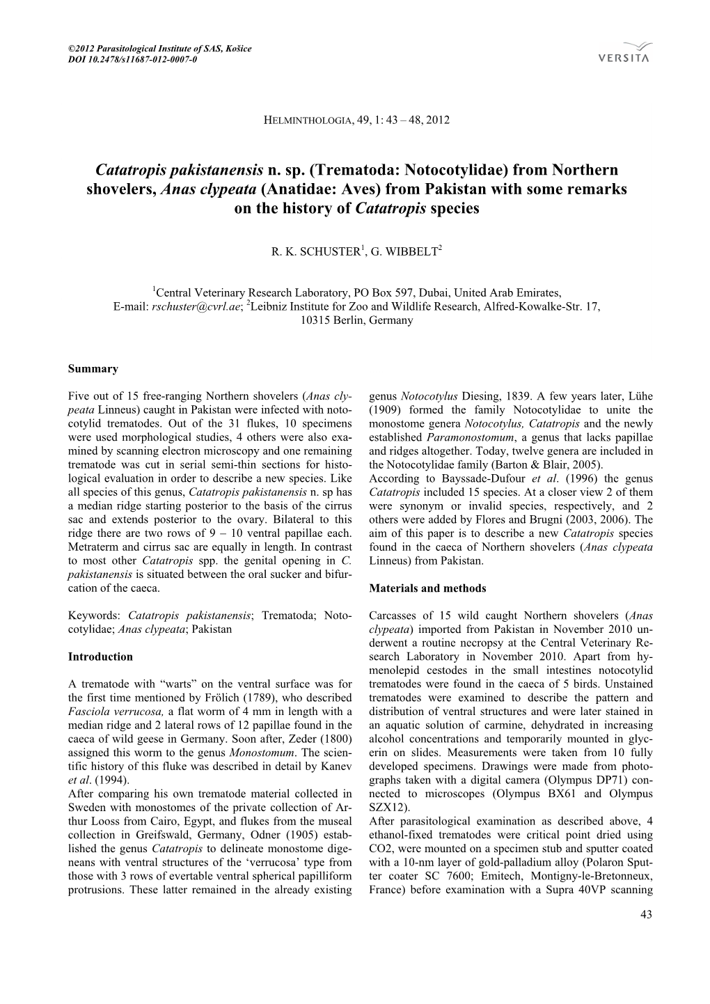 Trematoda: Notocotylidae) from Northern Shovelers, Anas Clypeata (Anatidae: Aves) from Pakistan with Some Remarks on the History of Catatropis Species