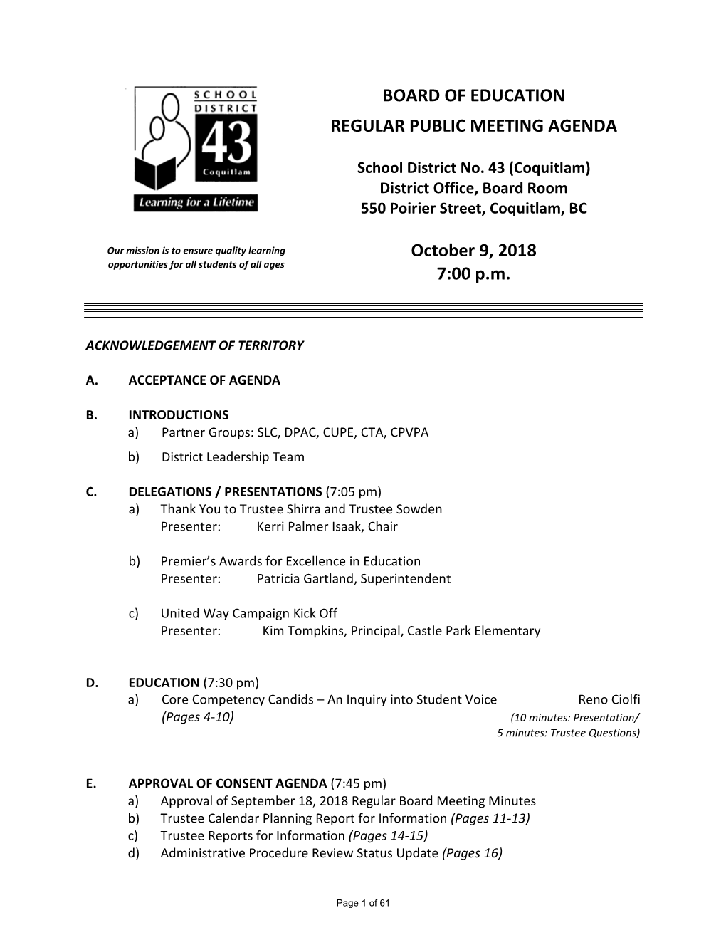 2010 09- 4 Regular Board Meeting Agenda