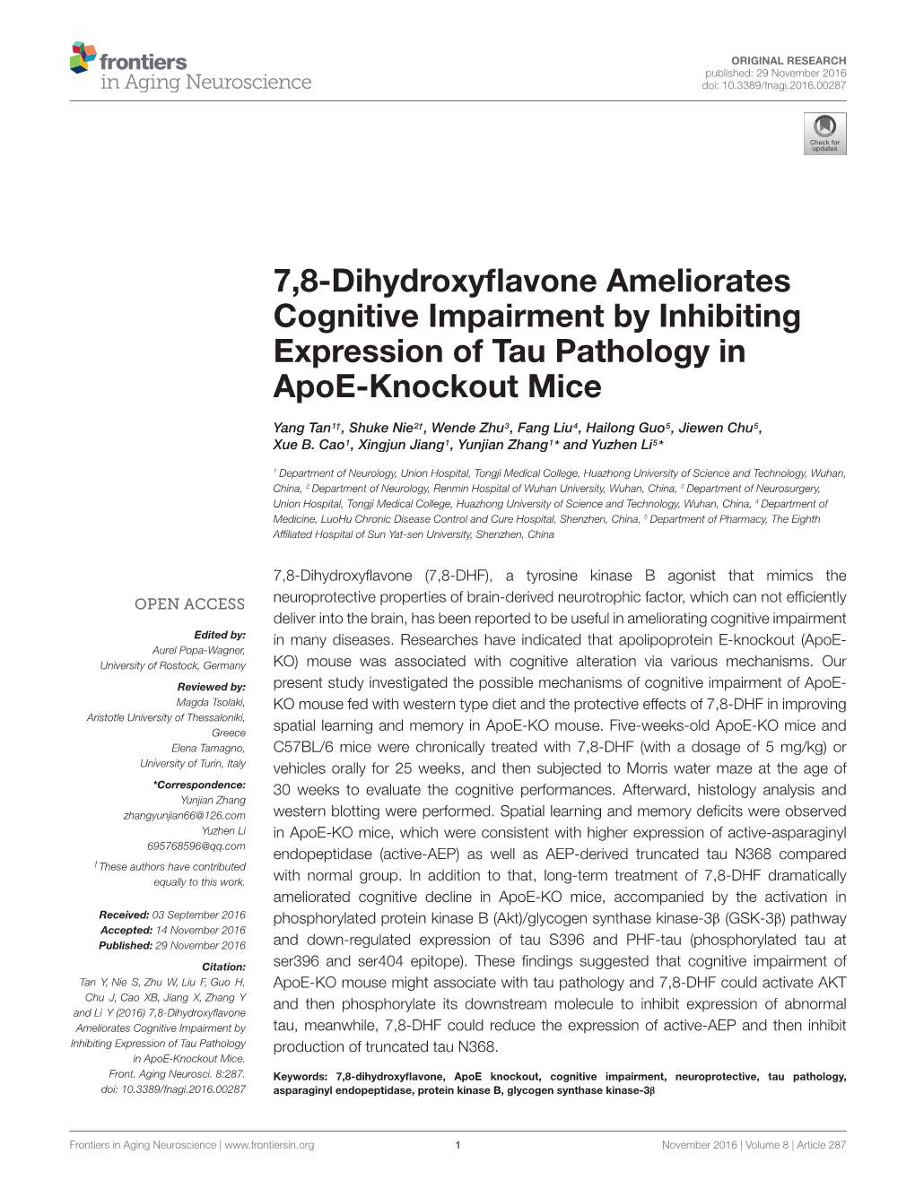 7,8-Dihydroxyflavone Ameliorates Cognitive Impairment by Inhibiting