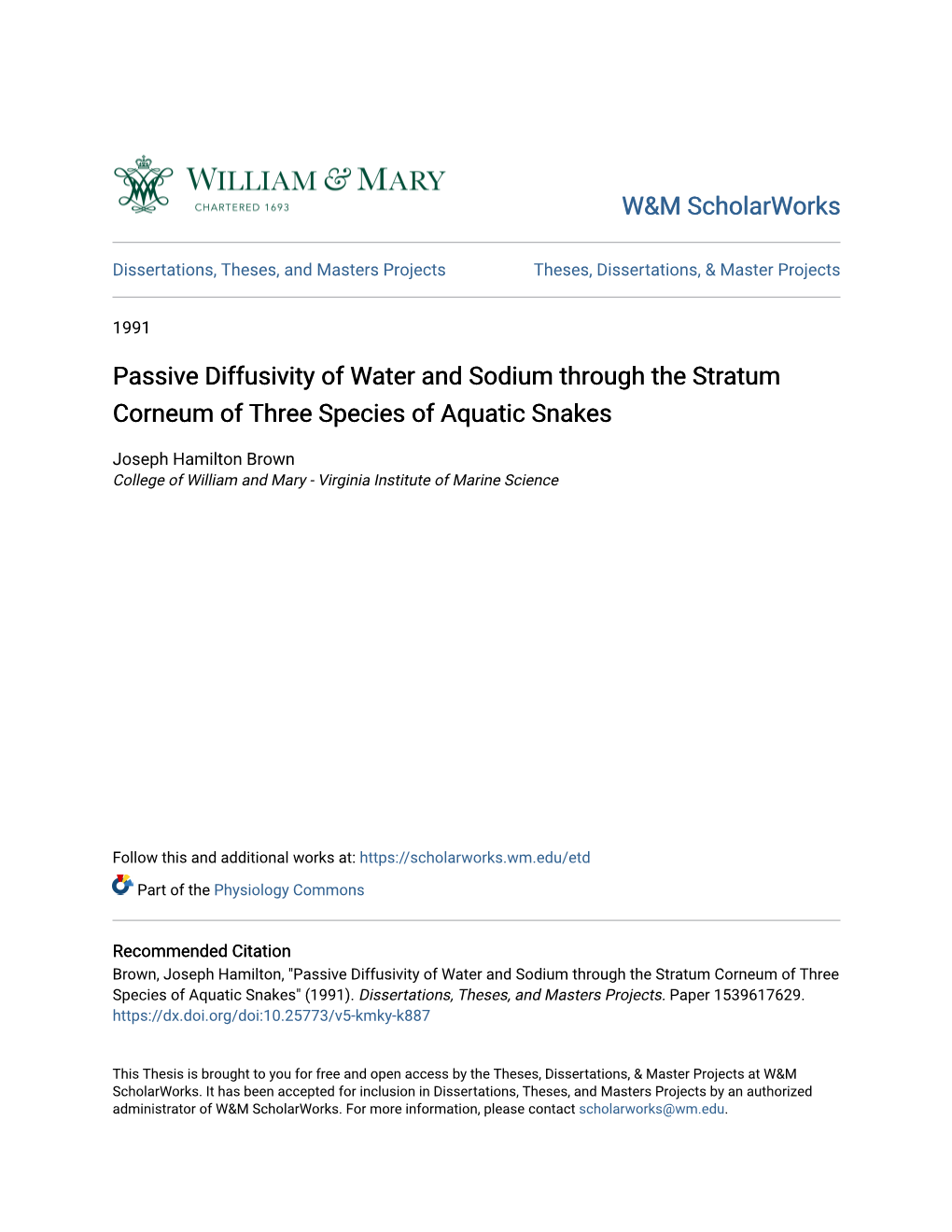 Passive Diffusivity of Water and Sodium Through the Stratum Corneum of Three Species of Aquatic Snakes