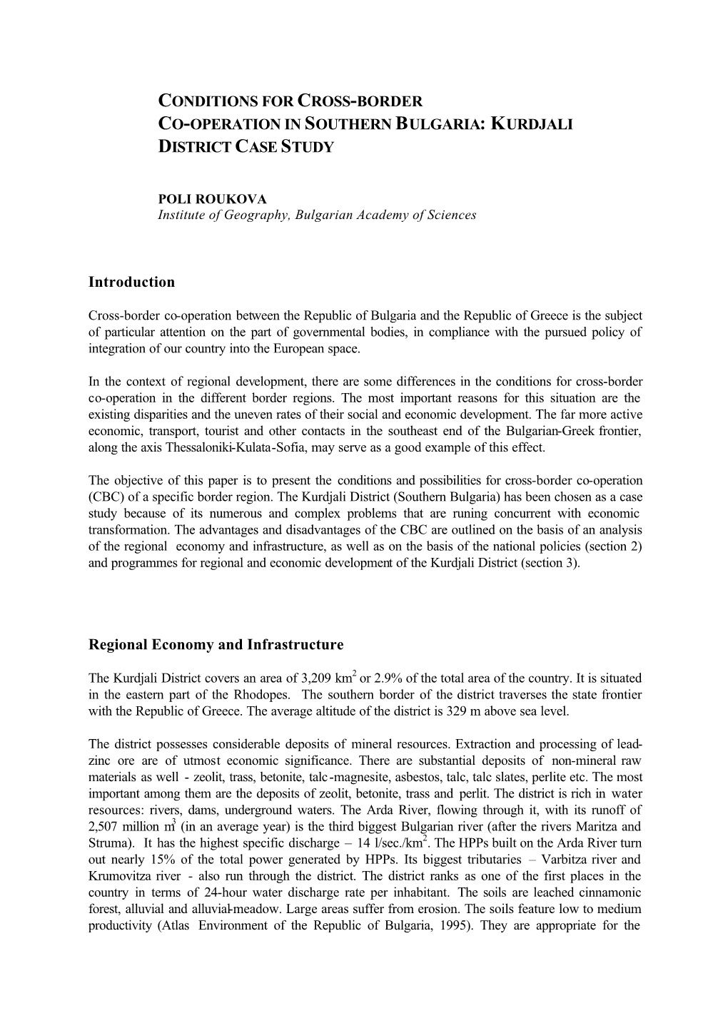 Conditions for Cross-Border Co-Operation in Southern Bulgaria: Kurdjali District Case Study