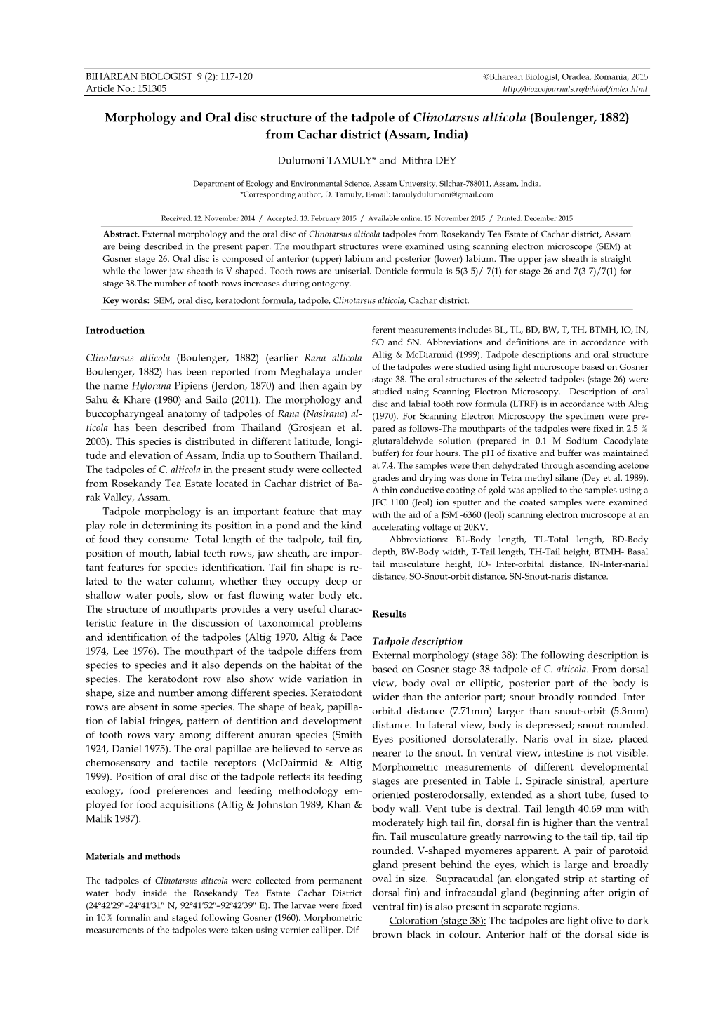 Morphology and Oral Disc Structure of the Tadpole of Clinotarsus Alticola (Boulenger, 1882) from Cachar District (Assam, India)