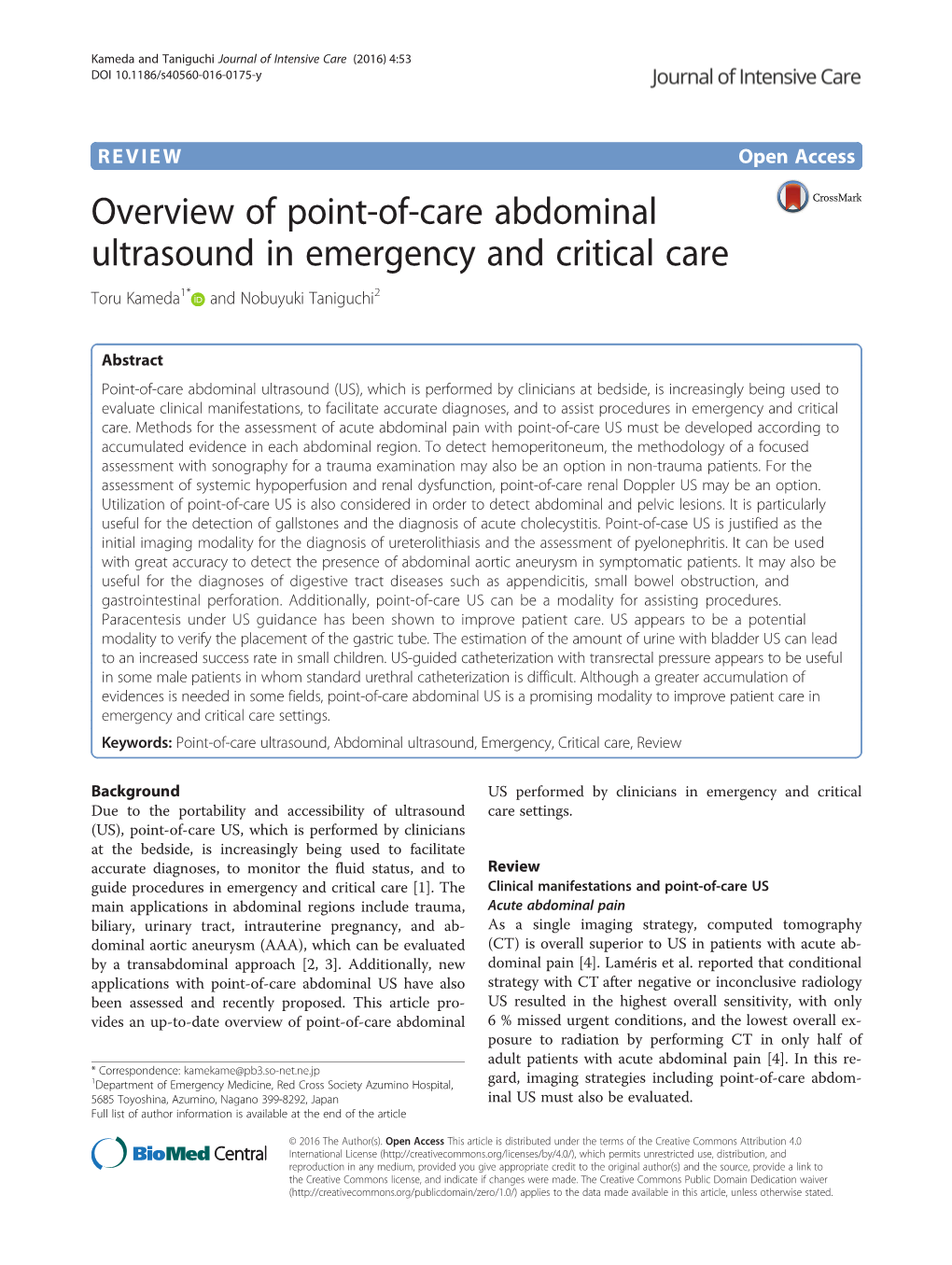 Overview of Point-Of-Care Abdominal Ultrasound in Emergency and Critical Care Toru Kameda1* and Nobuyuki Taniguchi2