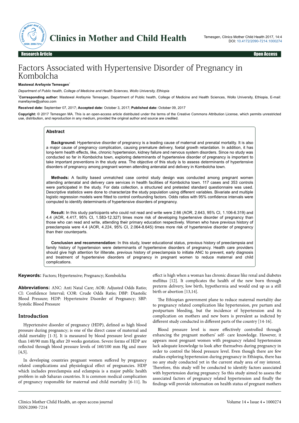 Factors Associated with Hypertensive Disorder of Pregnancy in Kombolcha