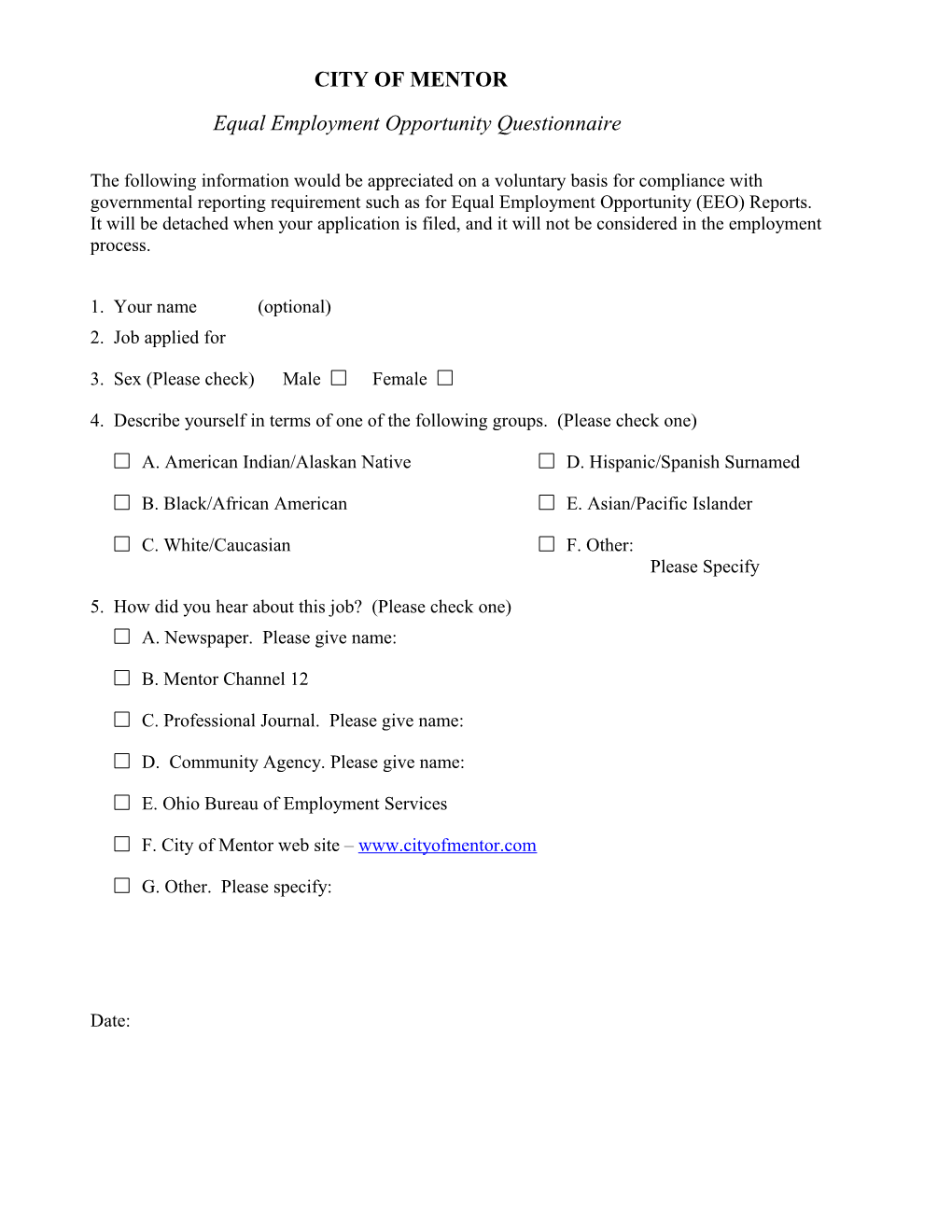 Equal Employment Opportunity Questionnaire