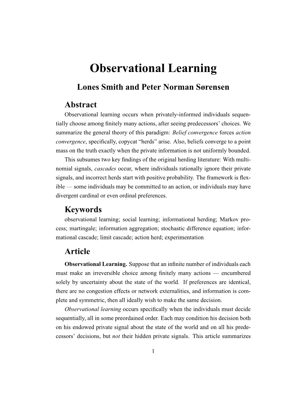 Observational Learning Lones Smith and Peter Norman Sørensen