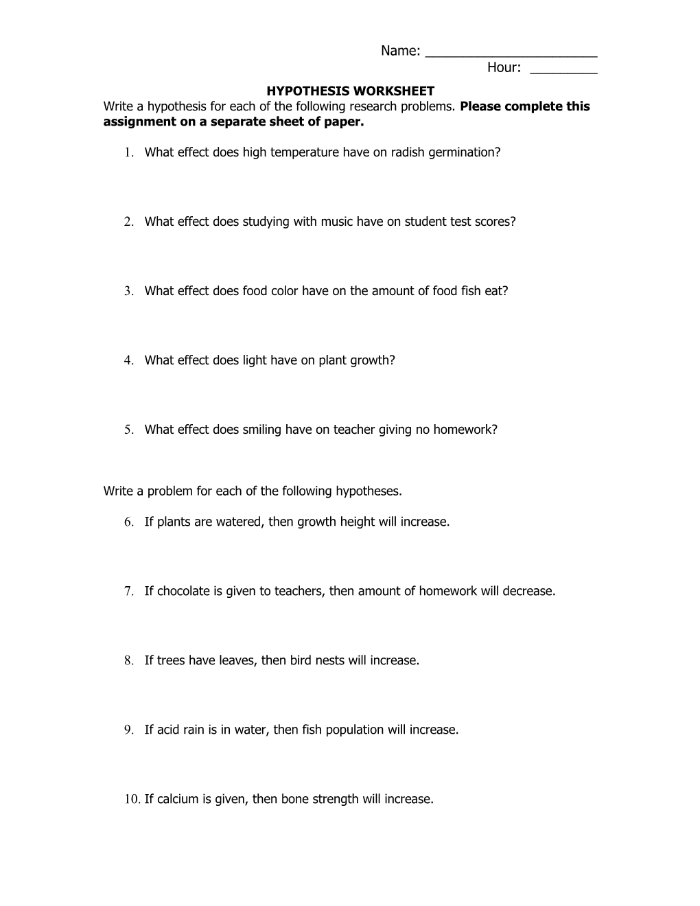 Hypothesis Worksheet