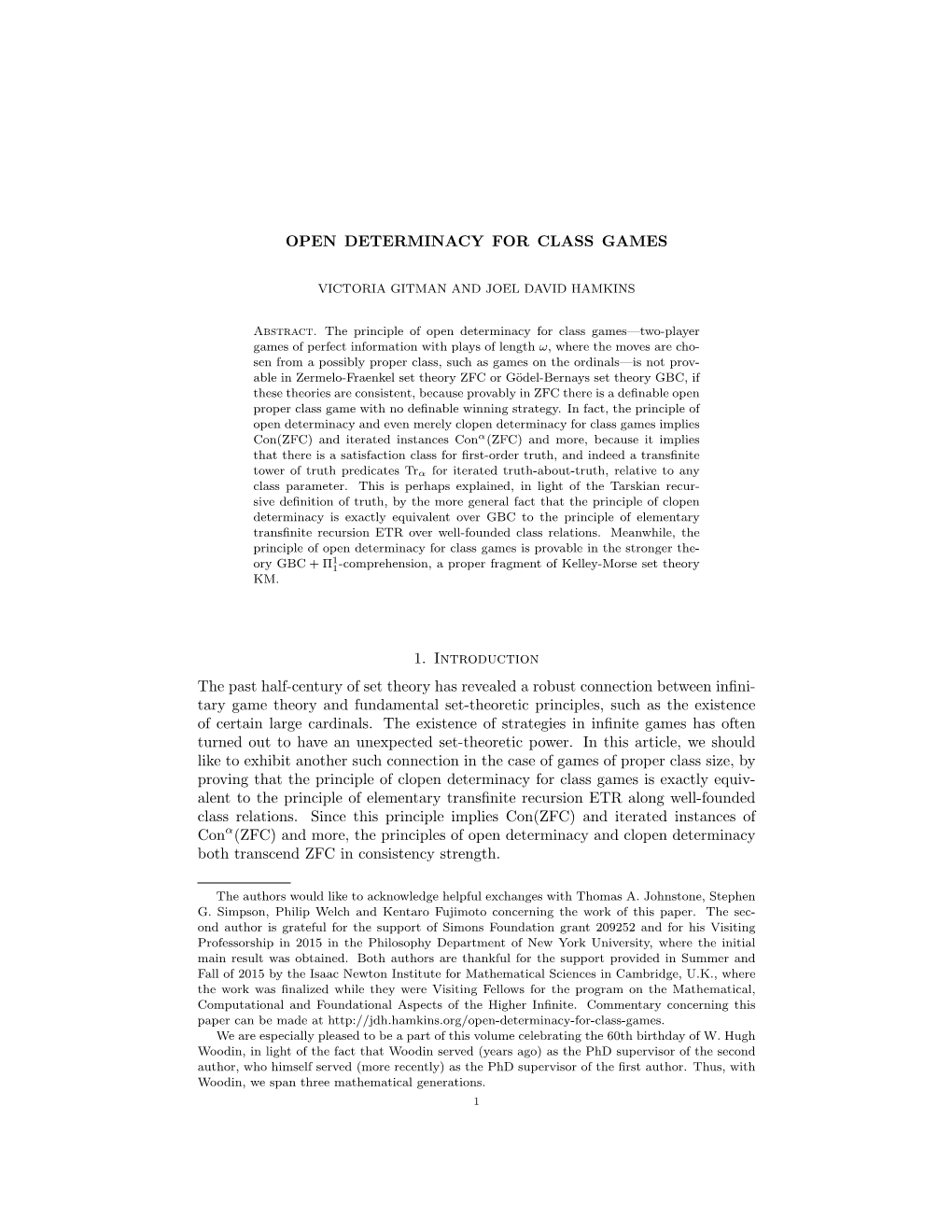 OPEN DETERMINACY for CLASS GAMES 11 Winning Strategy for GB, Contradicting the Assumption That B Was Not Determined