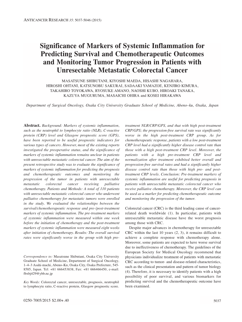 Significance of Markers of Systemic Inflammation for Predicting Survival