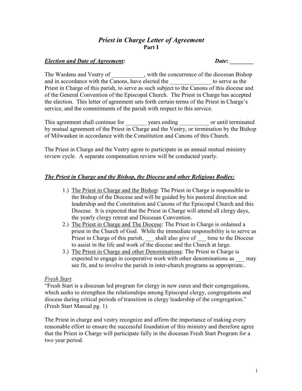 Priest in Charge Letter of Agreement Part I