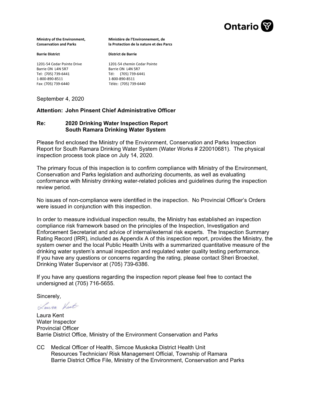 September 4, 2020 Attention: John Pinsent Chief Administrative Officer Re: 2020 Drinking Water Inspection Report South Ramara