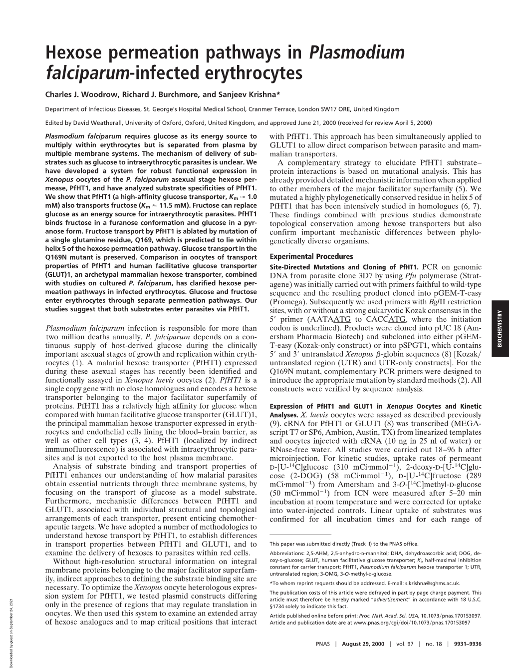 Hexose Permeation Pathways in Plasmodium Falciparum-Infected Erythrocytes