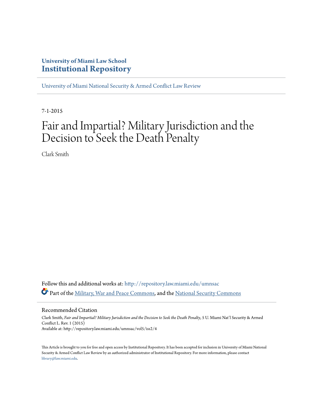 Military Jurisdiction and the Decision to Seek the Death Penalty Clark Smith