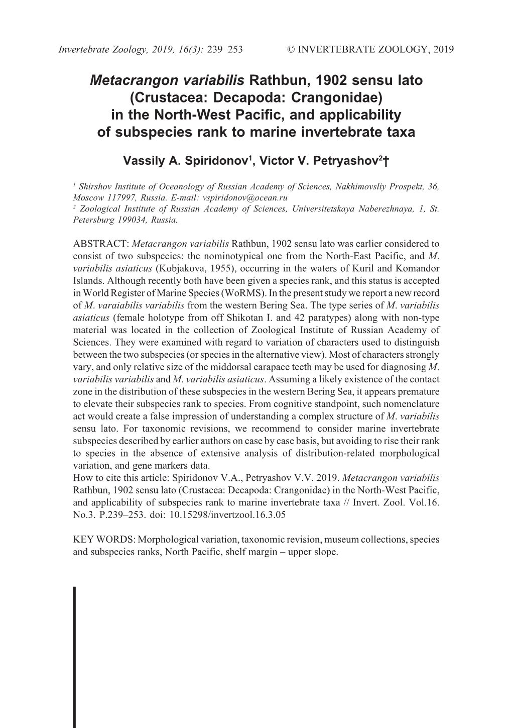 Metacrangon Variabilis Rathbun, 1902 Sensu Lato (Crustacea: Decapoda: Crangonidae) in the North-West Pacific, and Applicability