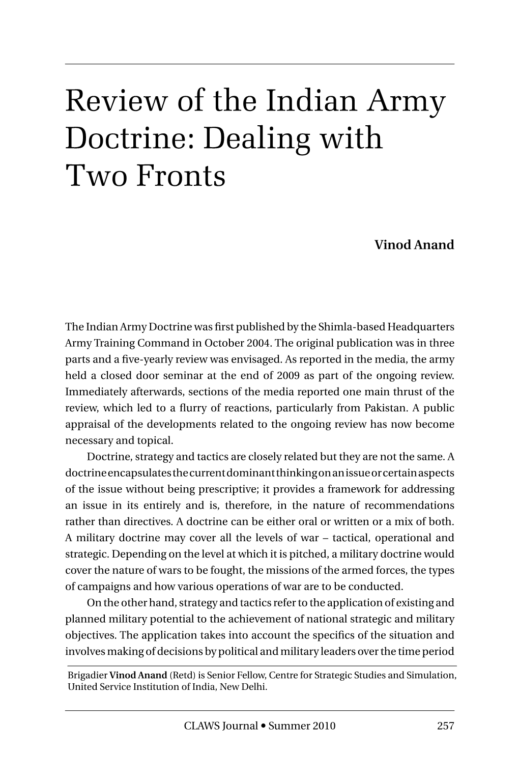 Review of the Indian Army Doctrine: Dealing with Two Fronts