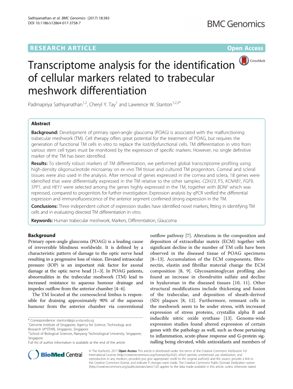 Transcriptome Analysis for the Identification of Cellular Markers Related to Trabecular Meshwork Differentiation Padmapriya Sathiyanathan1,2, Cheryl Y