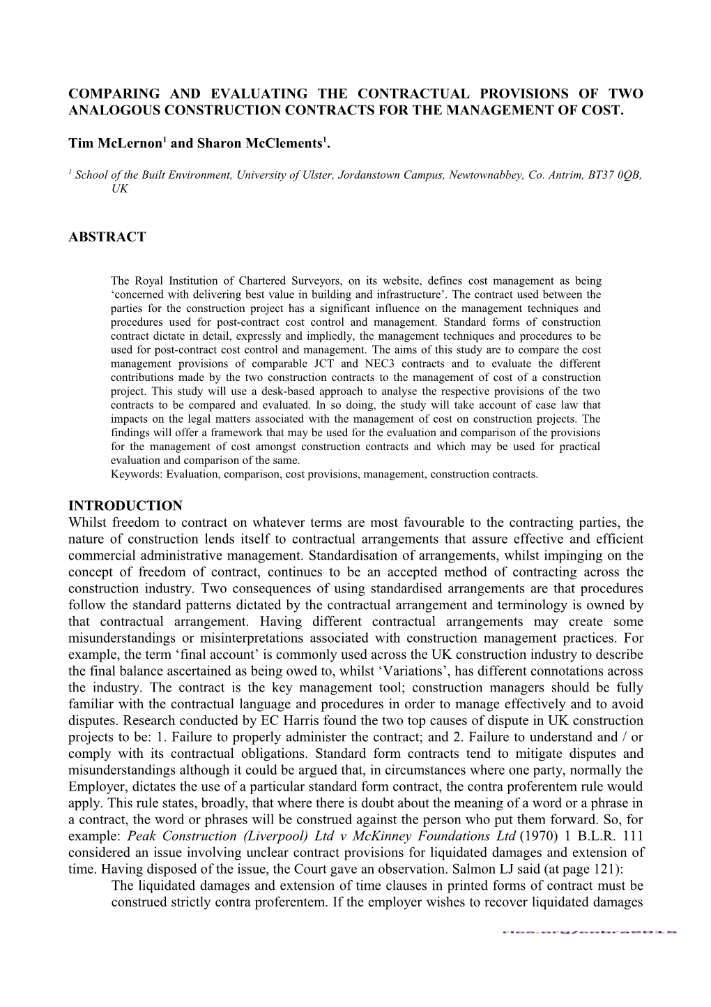 Comparing and Evaluating the Contractual Provisions of Two Analogous Construction Contracts