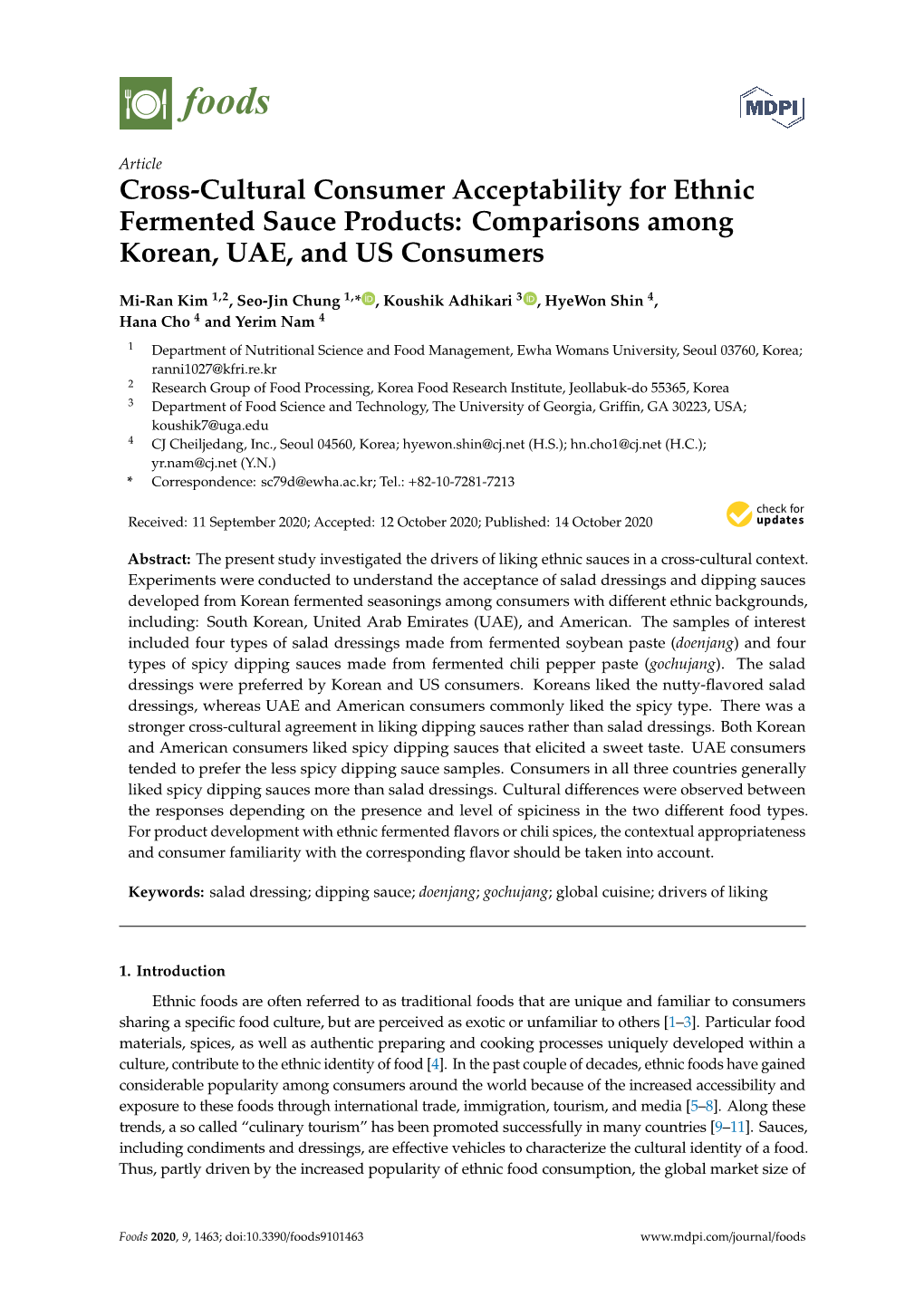 Cross-Cultural Consumer Acceptability for Ethnic Fermented Sauce Products: Comparisons Among Korean, UAE, and US Consumers