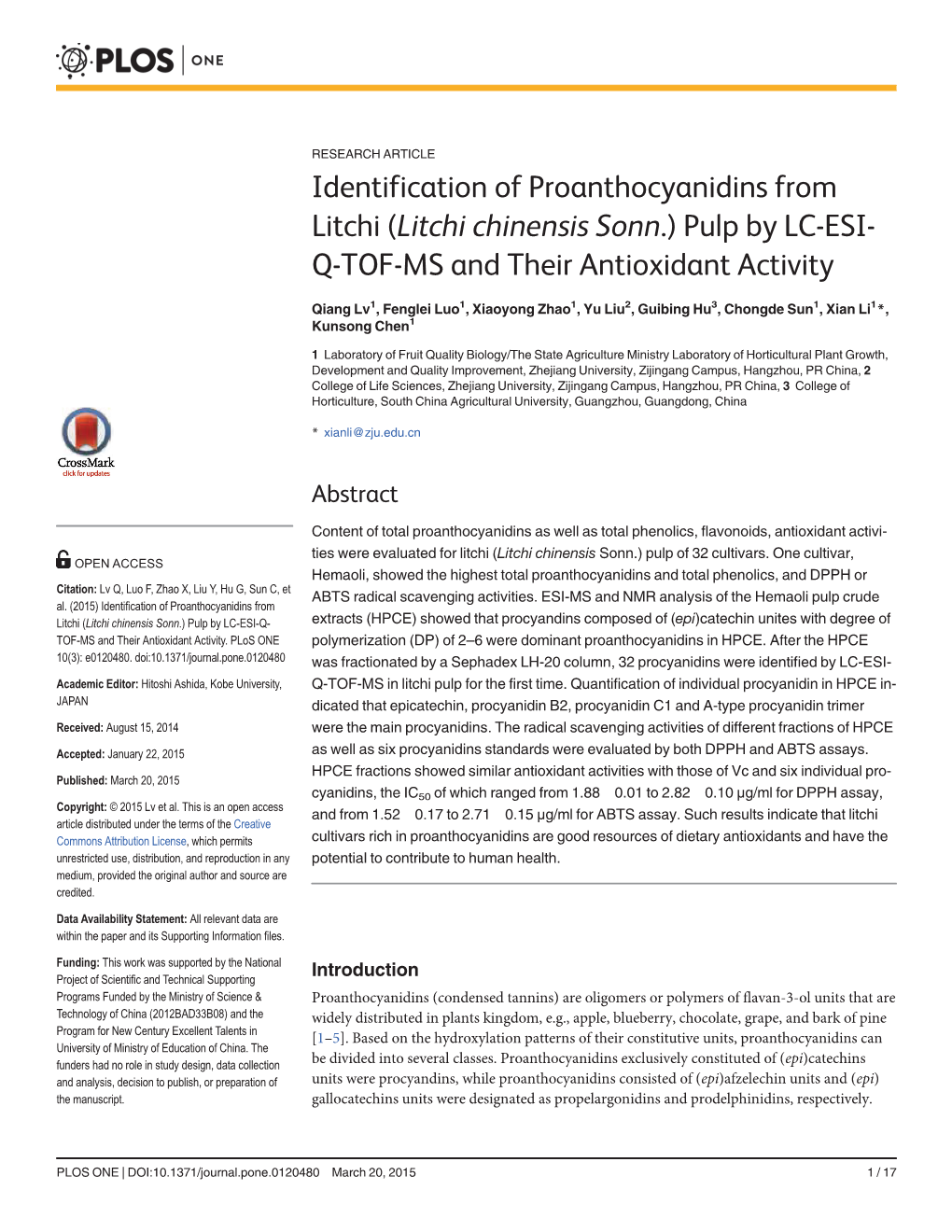 Identification of Proanthocyanidins from Litchi (Litchi Chinensis Sonn.) Pulp by LC-ESI- Q-TOF-MS and Their Antioxidant Activity