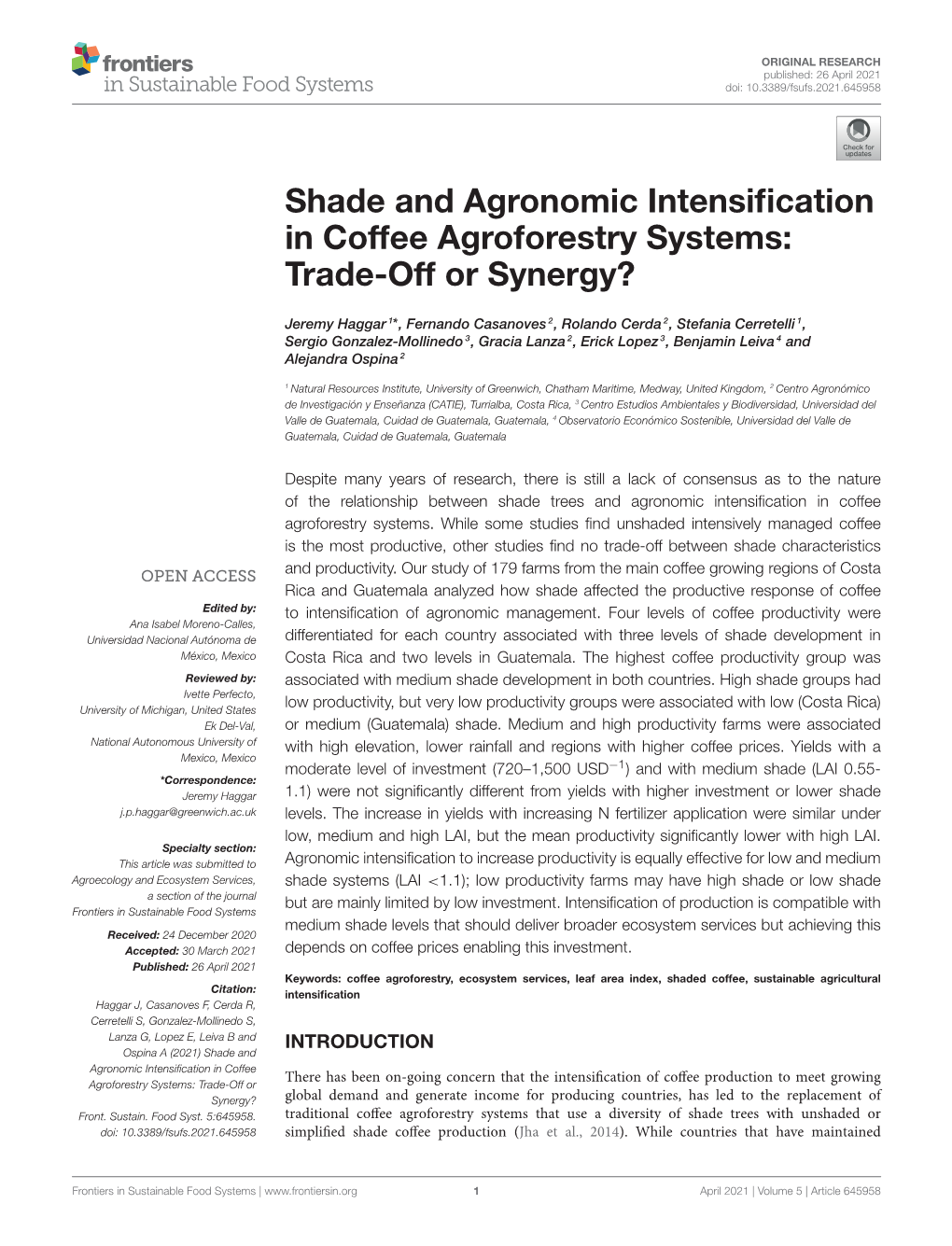 Shade and Agronomic Intensification in Coffee Agroforestry Systems