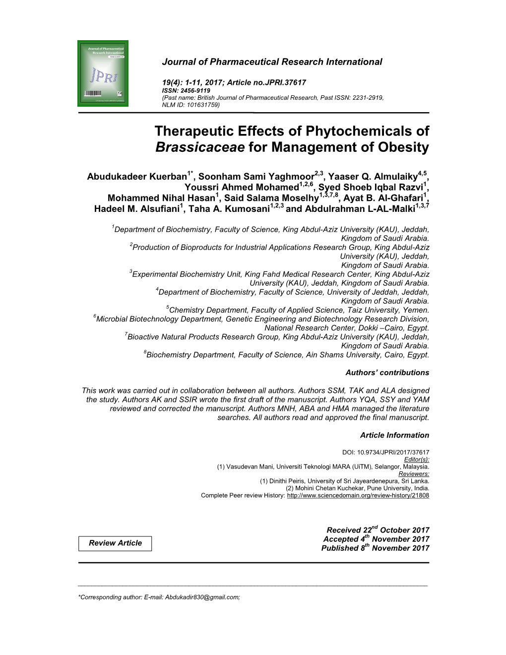 Therapeutic Effects of Phytochemicals of Brassicaceae for Management of Obesity