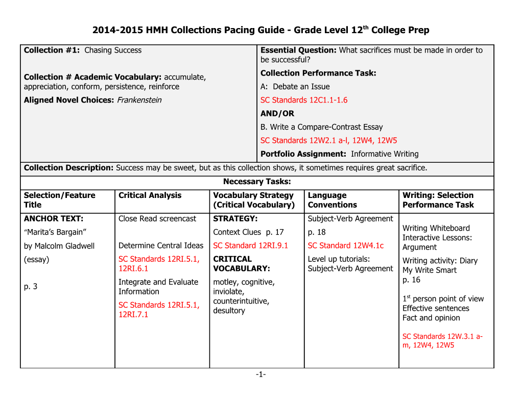 2014-2015 HMH Collections Pacing Guide - Grade Level 12Th College Prep