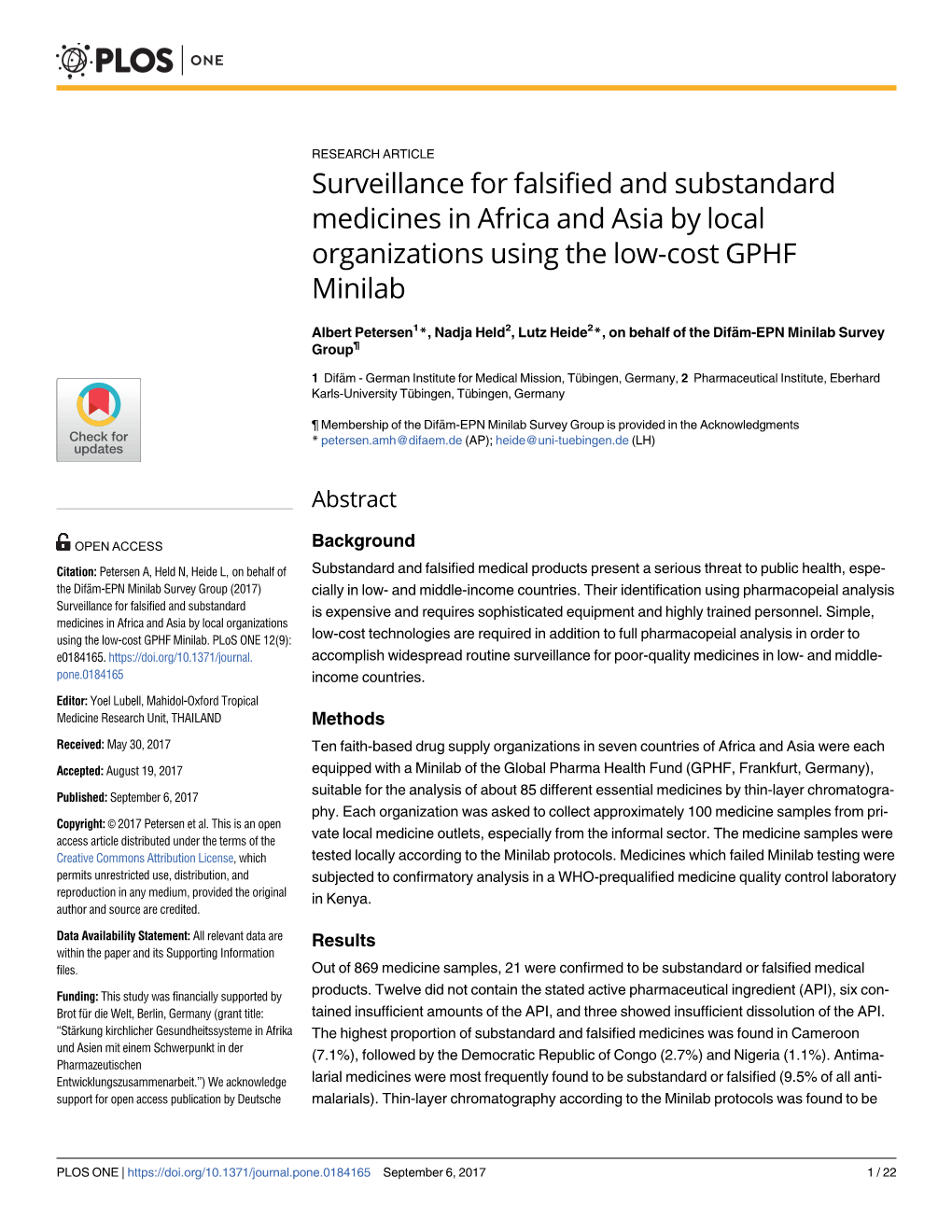 Surveillance for Falsified and Substandard Medicines in Africa and Asia by Local Organizations Using the Low-Cost GPHF Minilab