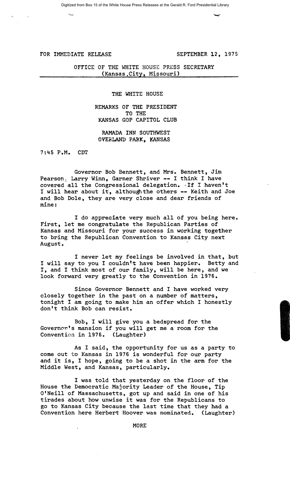 Gerald R. Ford Administration White House Press Releases