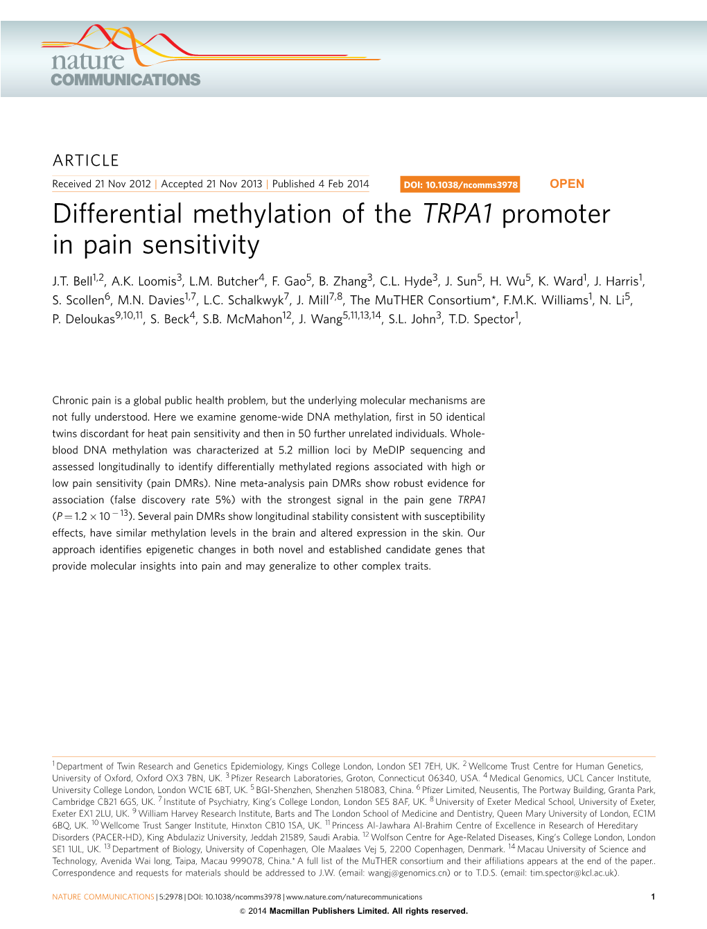 Differential Methylation of the TRPA1 Promoter in Pain Sensitivity