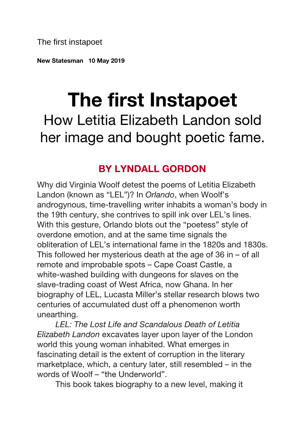 How Letitia Elizabeth Landon Sold Her Image and Bought Poetic Fame