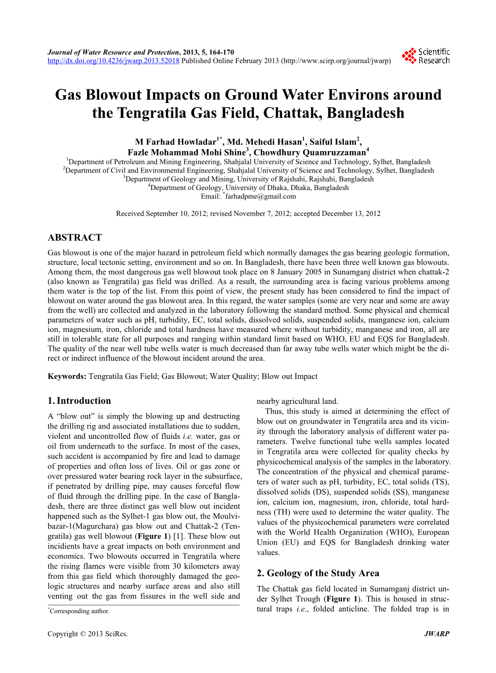 Gas Blowout Impacts on Ground Water Environs Around the Tengratila Gas Field, Chattak, Bangladesh