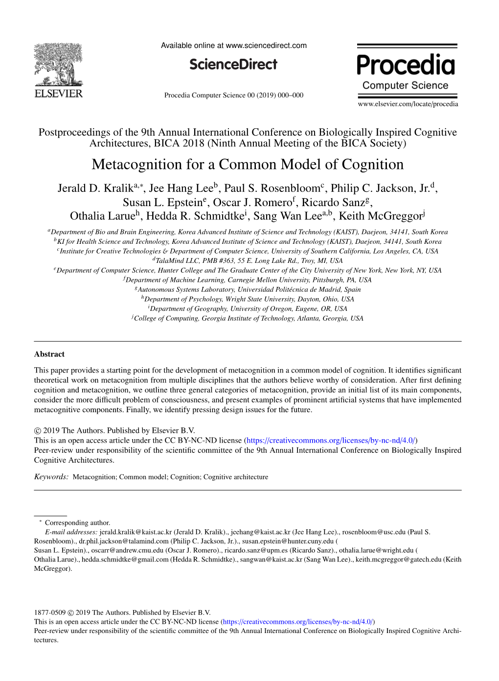 Metacognition for a Common Model of Cognition Jerald D