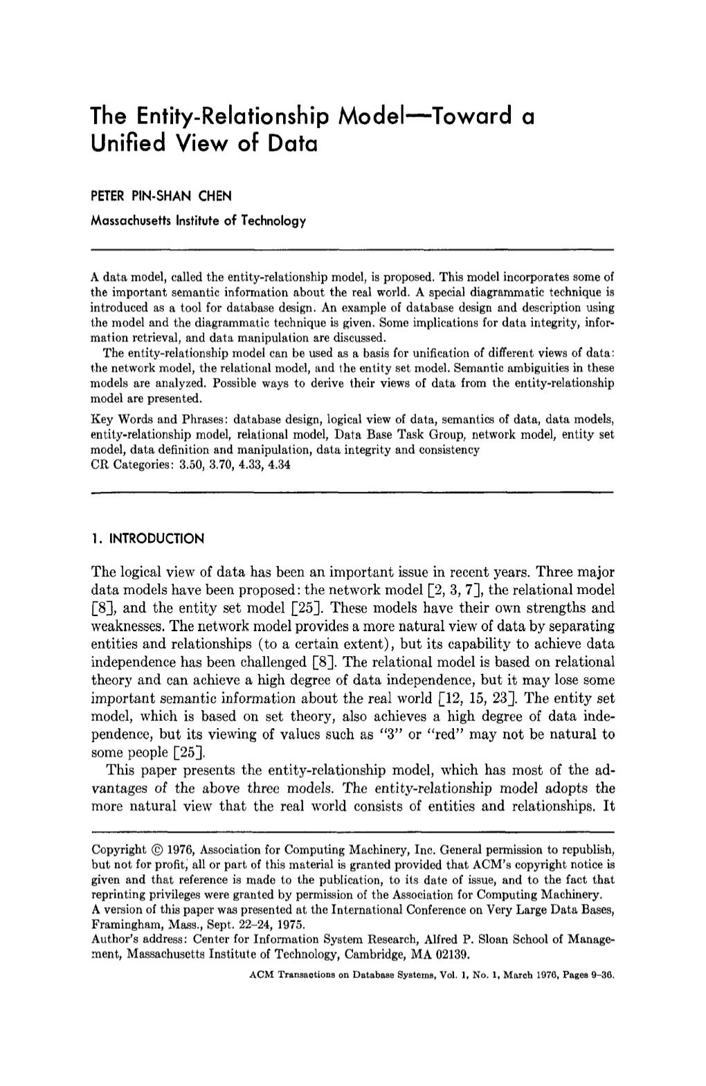 The Entity-Relationship Model-Toward a Unified View of Data