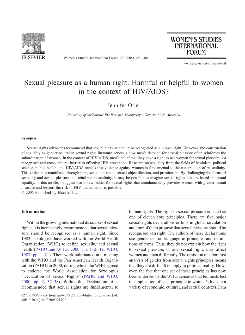 Sexual Pleasure As a Human Right: Harmful Or Helpful to Women in the Context of HIV/AIDS?